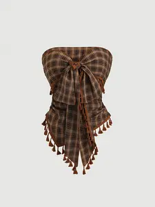 Women's French Vintage Plaid Fringe Bow Short Cami Top Womenswear, Perfect for Parties, Evening Events, Holiday Vacations, Elegant Style