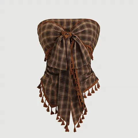 Women's French Vintage Plaid Fringe Trim Bow Design Short Tube Top, Bow Decor Camisole Top, Perfect for Parties, Evening Events and Vacations, Elegant Style Top, Elegant Classy Tops