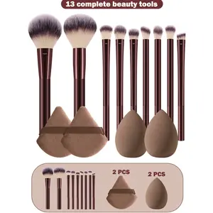 13PCS Makeup Tools Set Including:9PCS Makeup Brush Set,2PCS Makeup Sponges,2PCS Triangle Powder Puffs