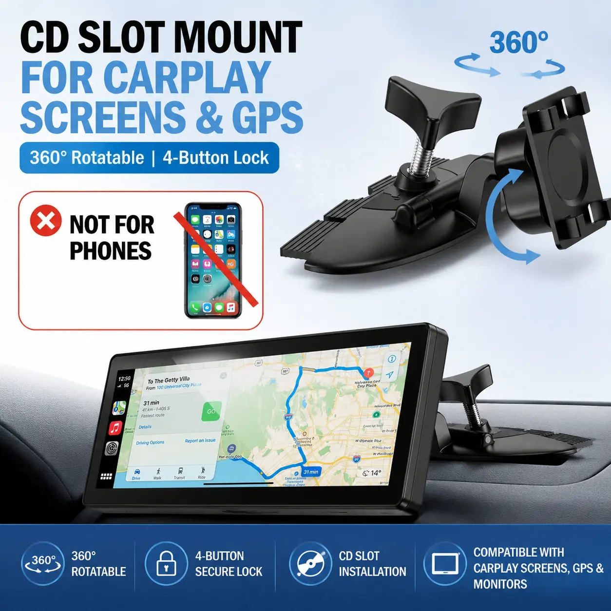 360° Rotatable CD Slot Mount – Secure 4-Button Lock for CarPlay Screens, GPS & Monitor Compatible