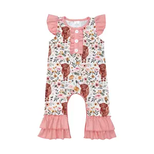 F SR0010--Toddlers Pink Pearl Sleeve Western Highland Cow Pink Baby Girls Romper