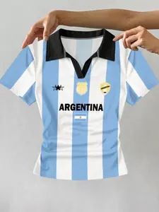 ZESTY Women's Argentina Graphic Polo Top With Contrast Collar Striped Sleeves Vintage Preppy Street Style Fashion