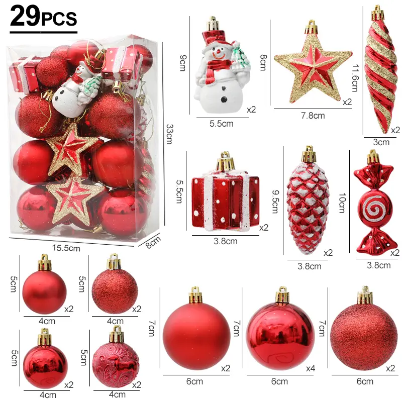 Red 29pcs Christmas Tree Balls & Candy Cane Hanging Ornaments Set - Big Pendants for 2024 Holiday Decorating, Party Supplies, Home Gifts, Natal Navidad New Year