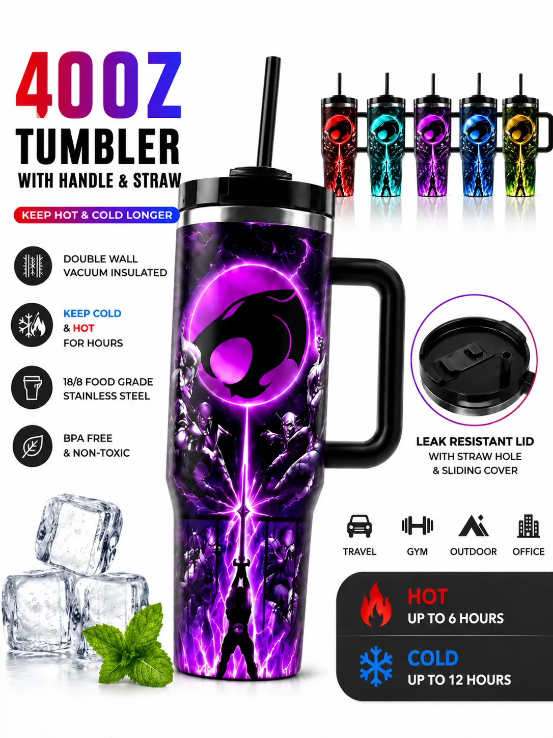 40 oz Purple Lightning Graphic Insulated Tumbler with Handle, Lid and Straw