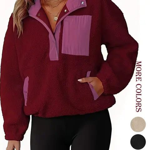 Women's Colorblock Polar Fleece Jacket, Half-Zip Button Pullover Sweatshirt, Casual Winter Warm Sled Dog Coat, Fashionable Athleisure Outerwear with Pockets