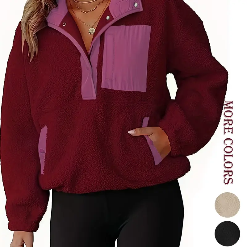 Women's Colorblock Polar Fleece Jacket, Half-Zip Button Pullover Sweatshirt, Casual Winter Warm Sled Dog Coat, Fashionable Athleisure Outerwear with Pockets