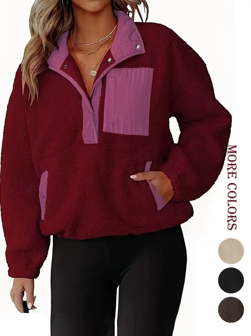 Women's Colorblock Polar Fleece Jacket, Half-Zip Button Pullover Sweatshirt, Casual Winter Warm Sled Dog Coat, Fashionable Outerwear with Pockets