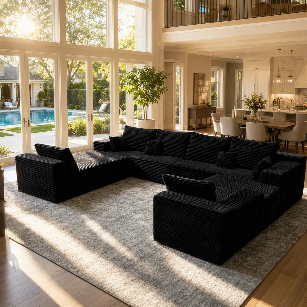 【2 Packages Shipping】 120'' U-shape Boneless Modular Foam Sectional Sofa, Compressed Corduroy Sectional Couches, Oversized U Shape Comfy Modular Compression Cloud Sleeper Sofa with Deep Seat, Space-Saving Recliner Design