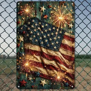 Distressed American Flag Fireworks Patriotic Rustic Home Decor Metal Tin Poster