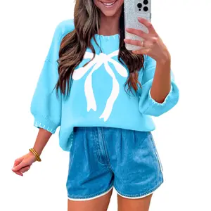 Big Ribbon Bow Print Contrast Stitch Trim Drop Shoulder Sweater Womenswear