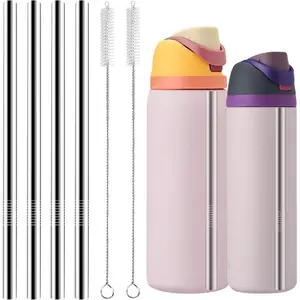 Metal Replacement Straws for  Water Bottle 24 oz 32 oz,with 2 Cleaning Brush, Stainless Steel Straw Accessories-4Pcs