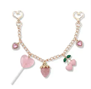 Cherry Heart Rhinestone Bag Charm Chain, Luxe Bling Bag Charm for Purses, Keychains for Women, Pink Gift Accessory