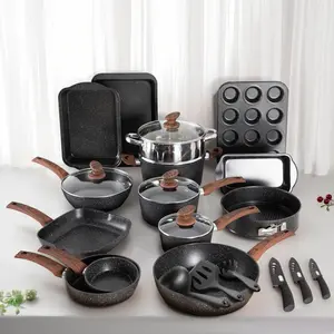 Kitchen Academy Set of 30 Pieces - Induction Cookware with Nonstick Granite Stone Coating, Includes 5 Casserole Lids, Various Woks and Frying Pans