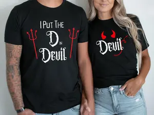 Funny Halloween Matching Couple Costume Shirt Cute Spooky Season Adult Halloween Matching Party Tshirt Fun Womenswear Cotton