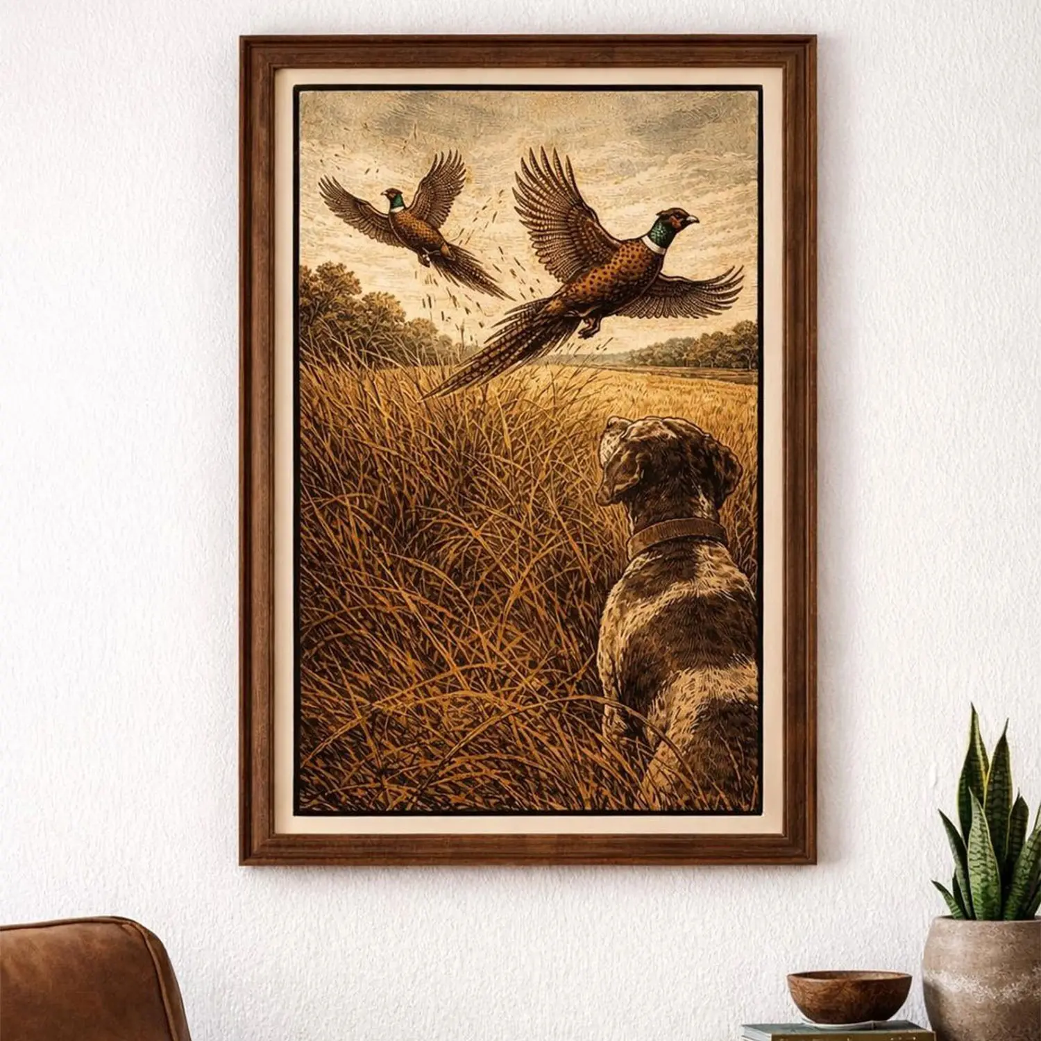 Vintage Hunting Dog & Pheasant Poster, Classic Wildlife Scene Wall Art for Living Room, Office or Cabin, Meaningful Gift for Hunters, Outdoor Lovers and Nature Art Collectors