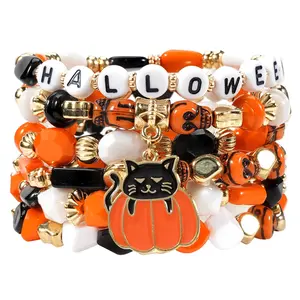 Halloween Stackable Beaded Bracelet Set, Preppy Pumpkin Cat Charm Stretch Bracelets with "HALLOWEEN" Letter Beads, Black Orange White Layered Friendship Jewelry for Women Girls, Halloween Party Costume Accessories