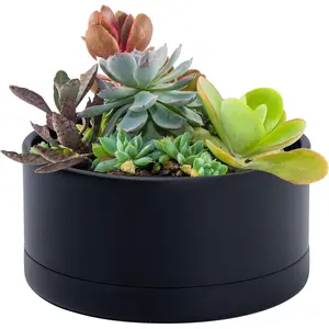 8 Inch Plastic Shallow Planter, Large Round Succulent  Pot with Drainage Hole and Sauce, Decorative Bonsai Pot for Indoor , Black, 76-Z-B-1