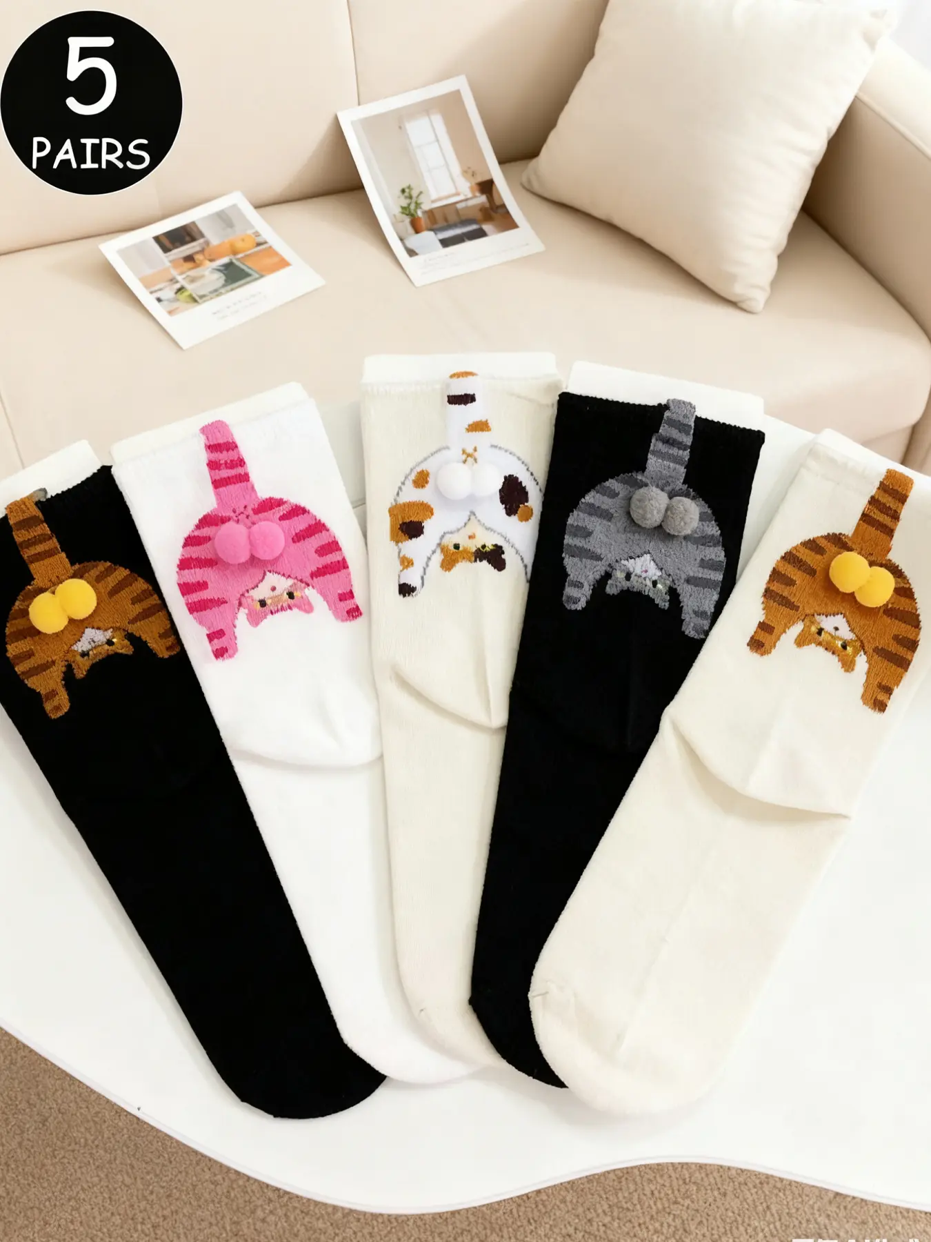 5 Pairs of Fun Cat Pattern Mid-Calf Socks Set, All Season Socks, Comfortable and Versatile for Daily Casual Wear, Trendy and Stylish Accessory