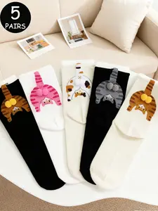 5 Pairs of Fun Cat Pattern Mid-Calf Socks Set, Comfortable and Versatile for Daily Casual Wear, Trendy and Stylish Accessory