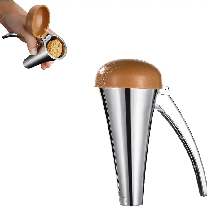 Heavy-Duty Manual Zinc Metal Nut Cracker Kitchen Tool, Splash-Proof Brown Lid, Long Leverage Handles, Spring Return, Ergonomic Design for Kids, 1-Press Tough Nut Cracking, Contained Shell Fragments, Kitchen Utensils