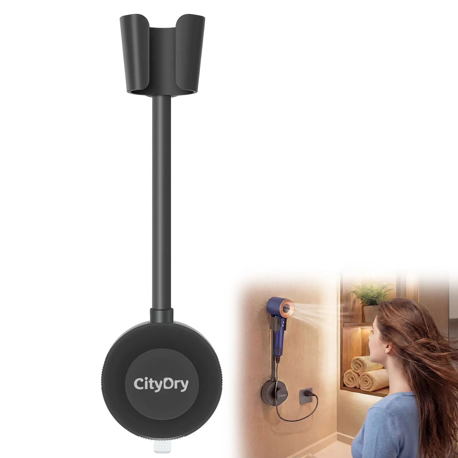 Hands-Free Hair Dryer Holder for Bathroom - 360 Adjustable Hose, Positionable Arm, Strong Adhesive Suction Cup, Wall-Mounted Storage Rack for Mirror, Ceramic Tile Bathroom Gadget