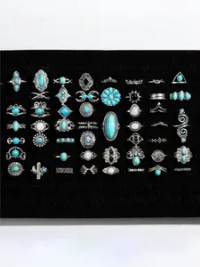 Vintage Style Turquoise Cactus Flower Rings Set, 50 Pcs Geometric Edge Design, Random Patterns, Boho Jewelry Collection