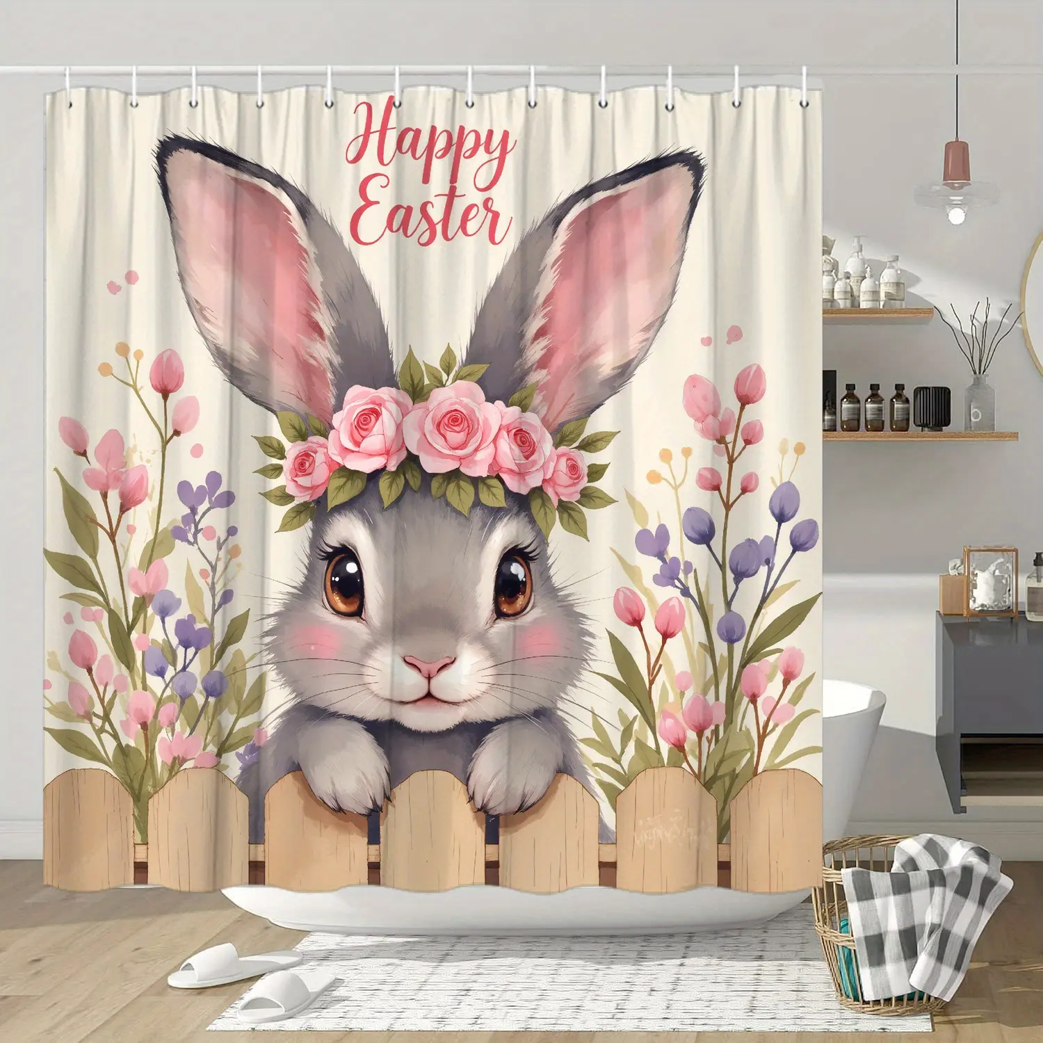 1pc Easter Bunny Floral Shower Curtain - Large Bath Curtain with Pastel Floral Crown Bunny - Happy Easter Bathroom Decor - Machine Washable - Includes 12 Hooks - Extra Long 70.8x70.8 Inches - for Bathroom or Shower, Bathroom Shower Curtain