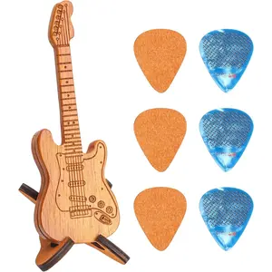 Wooden Guitar Pick Holder with Stand, Wooden Electric Guitar Styling Box with 3  Picks and 3 Non-slip Celluloid Guitar Picks, Guitar Pick Storage Box Set for Guitar, Bass, Ukulele Players