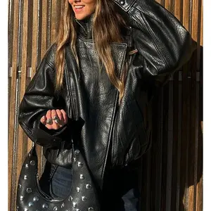 Faux Leather Stand Collar Oversized Moto Jacket, Elastic Hem Streetwear, Casual Long Sleeve Water- and Wind-Resistant Outerwear for Spring & Fall, Ladies Clothes for Daily Wear, Chic Outerwear, Womenswear Coats
