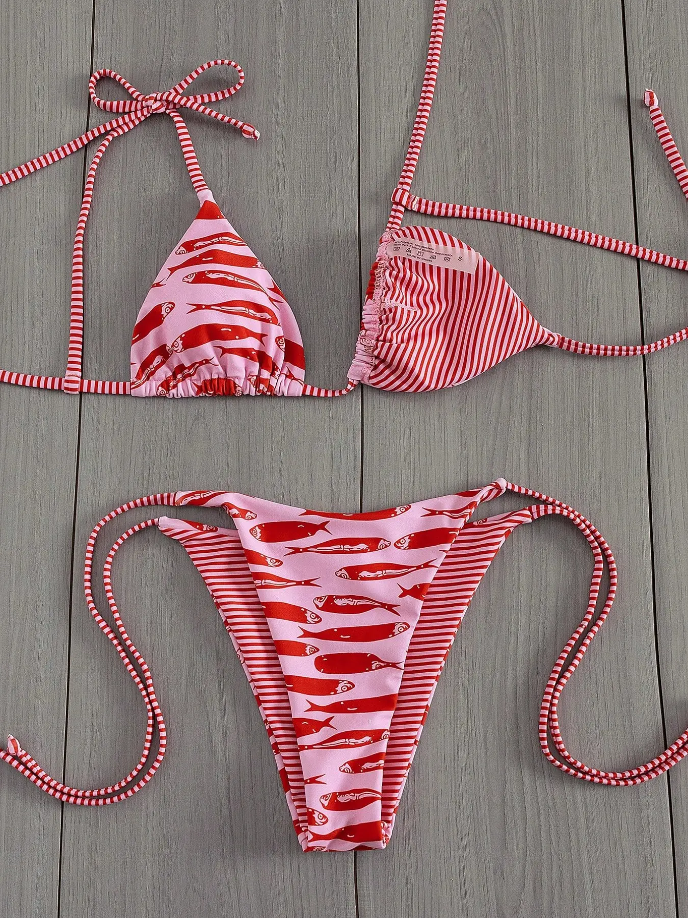Fish Print Reversible Triangle Tie Side Bikini, Striped Halter Two-Piece Swimsuit, Women's Summer Beachwear, Fashion Beachwear Swimwear, Comfortable and Stylish, Printed Bikini Set, Print Bikinis