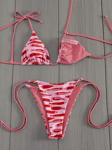 Fish Print Reversible Triangle Bikini, Striped Halter Two-Piece Swimsuit, Women's Summer Beachwear, Comfortable and Stylish