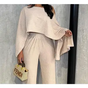 Women's Fashionable Asymmetrical Neckline Top & Elastic Waist Pocket Pants Set, Elegant Casual for Beach Vacation(gift)