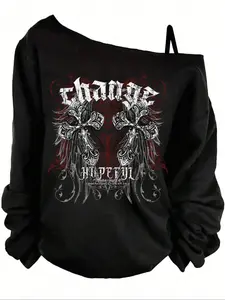 Y2K Goth Aesthetic Double Cross Graphic Oversized Long-Sleeve Black Pullover Sweatshirt, Edgy Dark Vibe Print Top, Grunge Streetwear for Women, Comfort Soft Fabric Casual Daily, Everyday, Party Outfit, Loose Fit Y2K Alt Fashion Cute Dark Academia Gru