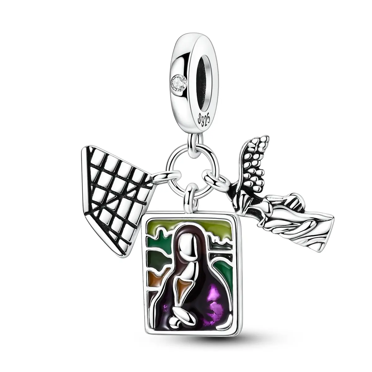 MULA Charm Necklace - Silver-Plated Louvre Tribute Pendant with Mona Lisa Enamel Detail, Cubic Zirconia Accents, Artistic Flair, Bracelet-Compatible Daily Wear Gift for Culture Enthusiasts, Travelers