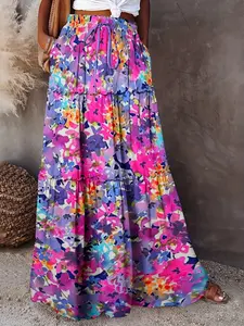 Boho Print Long Dress for Women, High Waist Elastic Waist Tie Belt Cake Dress, A-Line Midi Skirt, Floral Pattern, Pocket Design, Beachwear