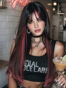 Long Straight Hair Wig with Bangs, Full Machine-Made Synthetic Wig, Perfect for Parties and Daily Use, All Seasons
