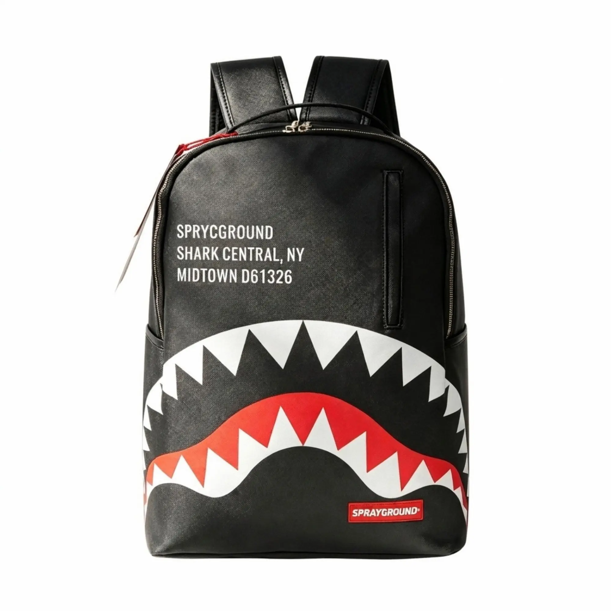 Shark Central Backpack Classic Black Leather Shark Mouth Graphic School Bookbag Water Resistant Streetwear Laptop Bag