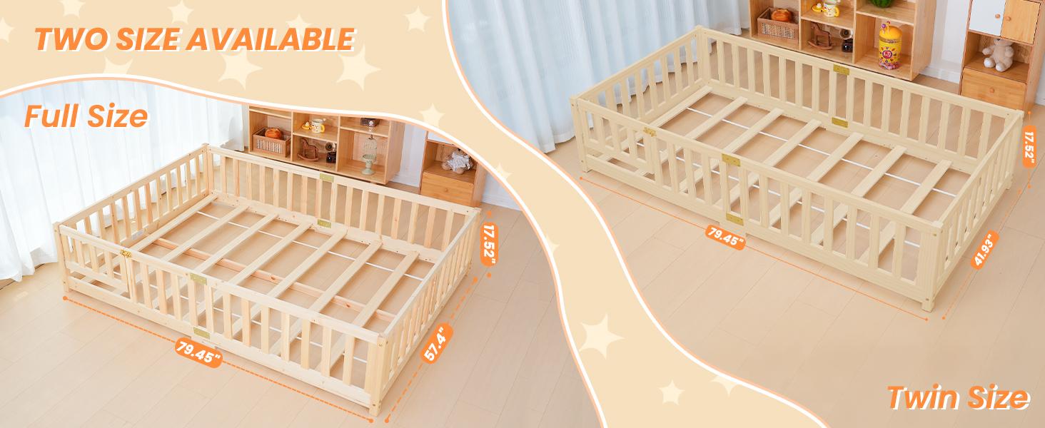 Naudacaa Twin/Full Size Montessori Floor Bed for Kids, Solid Wood Bed Frame with Fence, Door & Safety Guardrails, CPC Certified