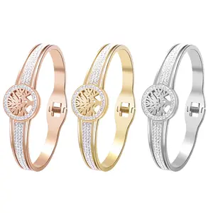 OIDEA Rhinestone Women's Tree of Life Bangle Stainless Steel Bracelet 6 1/2 in Mother's Day Gift in Rose Gold, Gold, and Silver