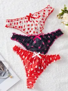 Women's Sweet Style Triangle Panty Set, Cherry & Floral Heart Prints, Casual Fitted Underwear, Perfect for Valentine's Day Gift, Breathable Panty, Fashion Comfy Underwear
