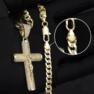 Elarique  14K Real Gold-Plated Cuban Chain, Figaro Chain, Miami Cross Chain, With Jesus Christ Cross Pendant, Length 24Inch, Width 6Mm, Hand-Polished And Multi-Electroplated For Daily Wear