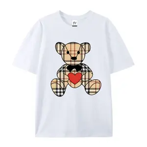 Cute crew-neck T-shirt featuring a checkered bear holding a heart-shaped print. Casual Tshirt