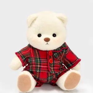 Getahug Christmas Red and Green Plaid Pajamas White Jointed Teddy Bear | Handmade Stuffed Animal Gift