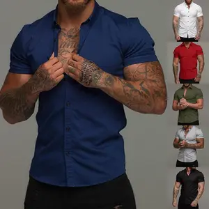 Muscular Men's Fitness Short Sleeve Turn-down Collar Shirt Stretch Thin Solid Color Sports Casual Cardigan Business Non-iron Shirt Trendy