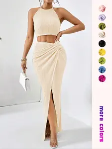 Women's Solid Color Fitted Crop Top & Split Hem Skirt Two-piece Set, Casual Fashion Cozy Two Piece Outfits for Daily Outdoor Wear, Women's Clothes for Summer