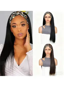 26-inch long, leopard print headband, Glueless Headband Wig, glue-free synthetic silk straight hair wig, heat-resistant, high-temperature resistant, women's long wig