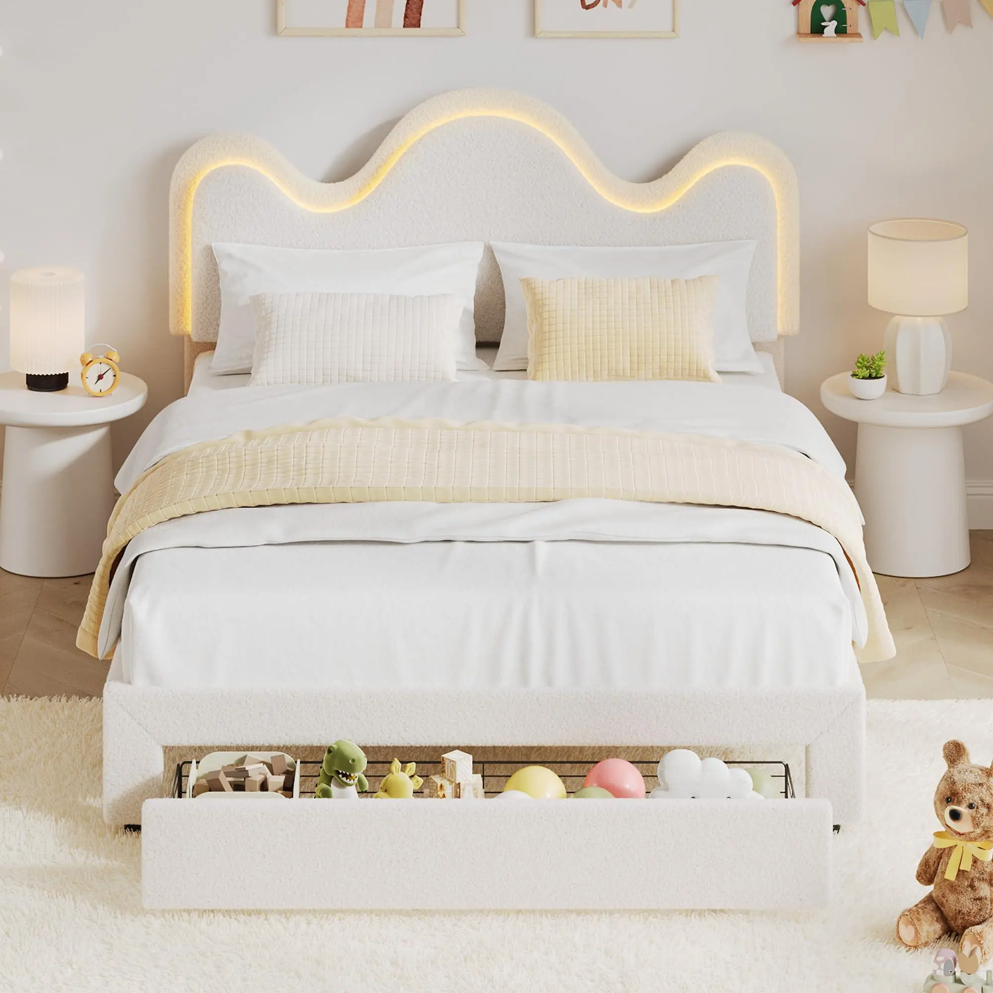 Queen Bed Frame - Queen Size Upholstered Platform Bed with Boucle, LED Lights, Petal Flower Headboard, Storage Drawers, Wood Slats, No Box Spring Needed, White