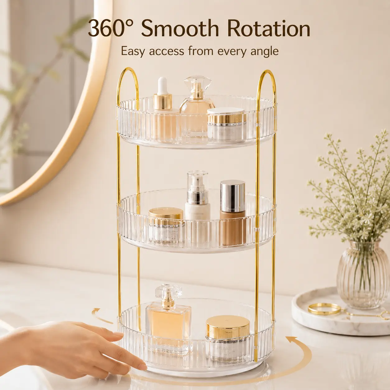360° rotating cosmetic organizer, large capacity transparent acrylic for storing cosmetics and skincare products, multi-layer rotating perfume organizer with lipstick holder, suitable for bathroom vanity, a great birthday gift for your girlfriend.