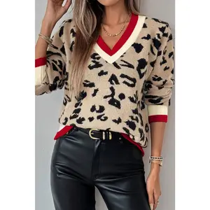 Khaki Leopard Pattern V-Neck Contrast Rib Knitted Sweater