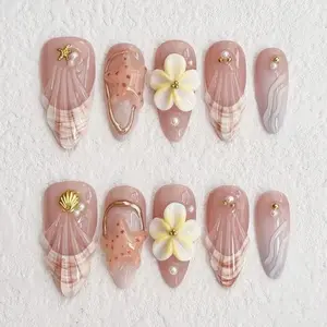 3D Starfish French Pearl Light Gradient Lily Fashion Nails, Nail Art, 30 Pieces Removable Almond Shape Press-On Nails, Removable False Nails for Trendy Looks
